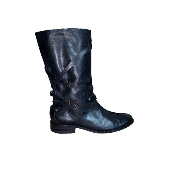 Freda Salvador Shoes - Freda Salvador Strappy Multi Buckle Studded Black Leather Tall Moto Boots